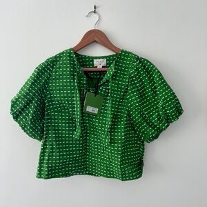 Kate Spade for Target Womens Textured Puff Short Sleeve Blouse Green NWT XS